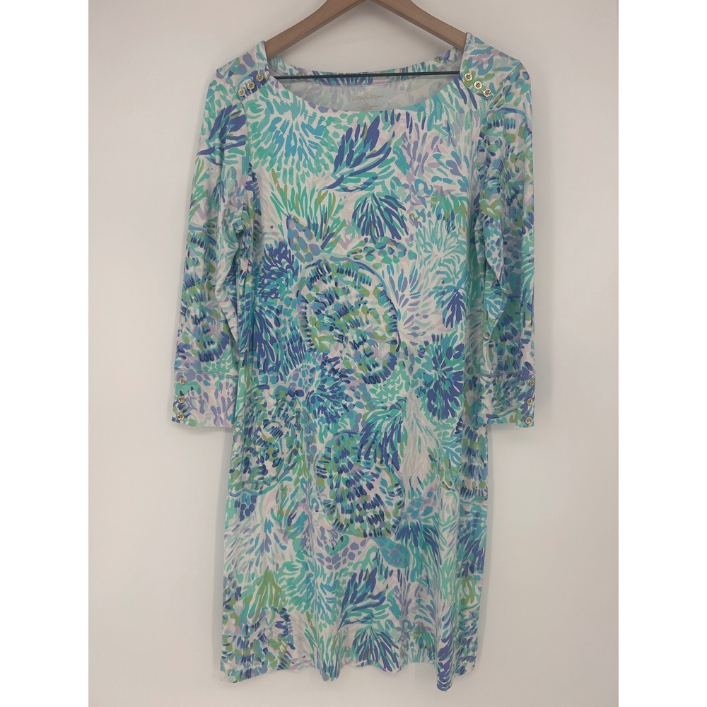 Lilly Pulitzer 3/4 Sleeve Shift Dress Blue & Green Marine Print Turtles - Size L